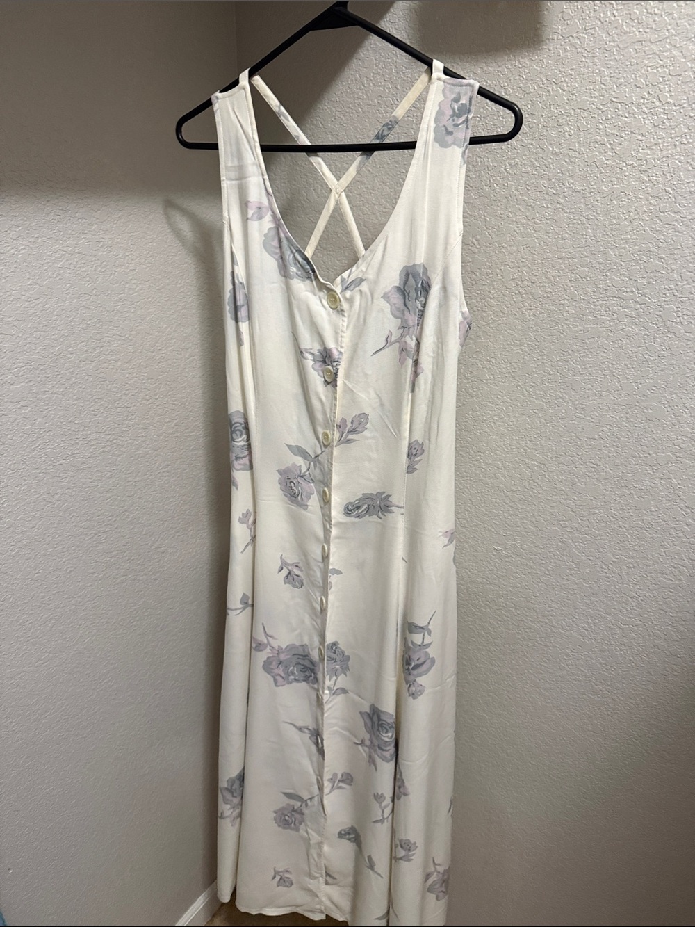 Cream Floral Button-Front Maxi Dress with Crossback Straps